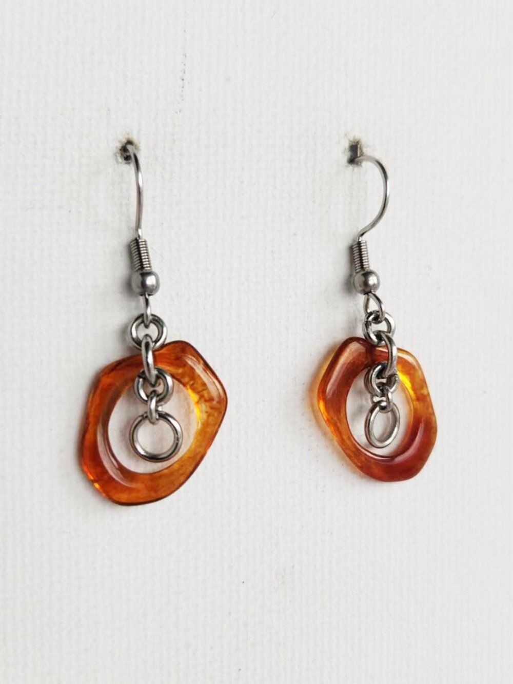 Silver and amber resin chainmail dangly earrings